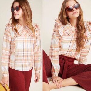 Anthropologie Current Air "Polly" Orange Ruffled Plaid Blouse